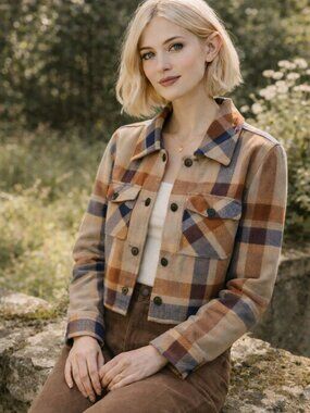 AND Now This Cropped Plaid Shacket Size S Tan/Blue/Rust